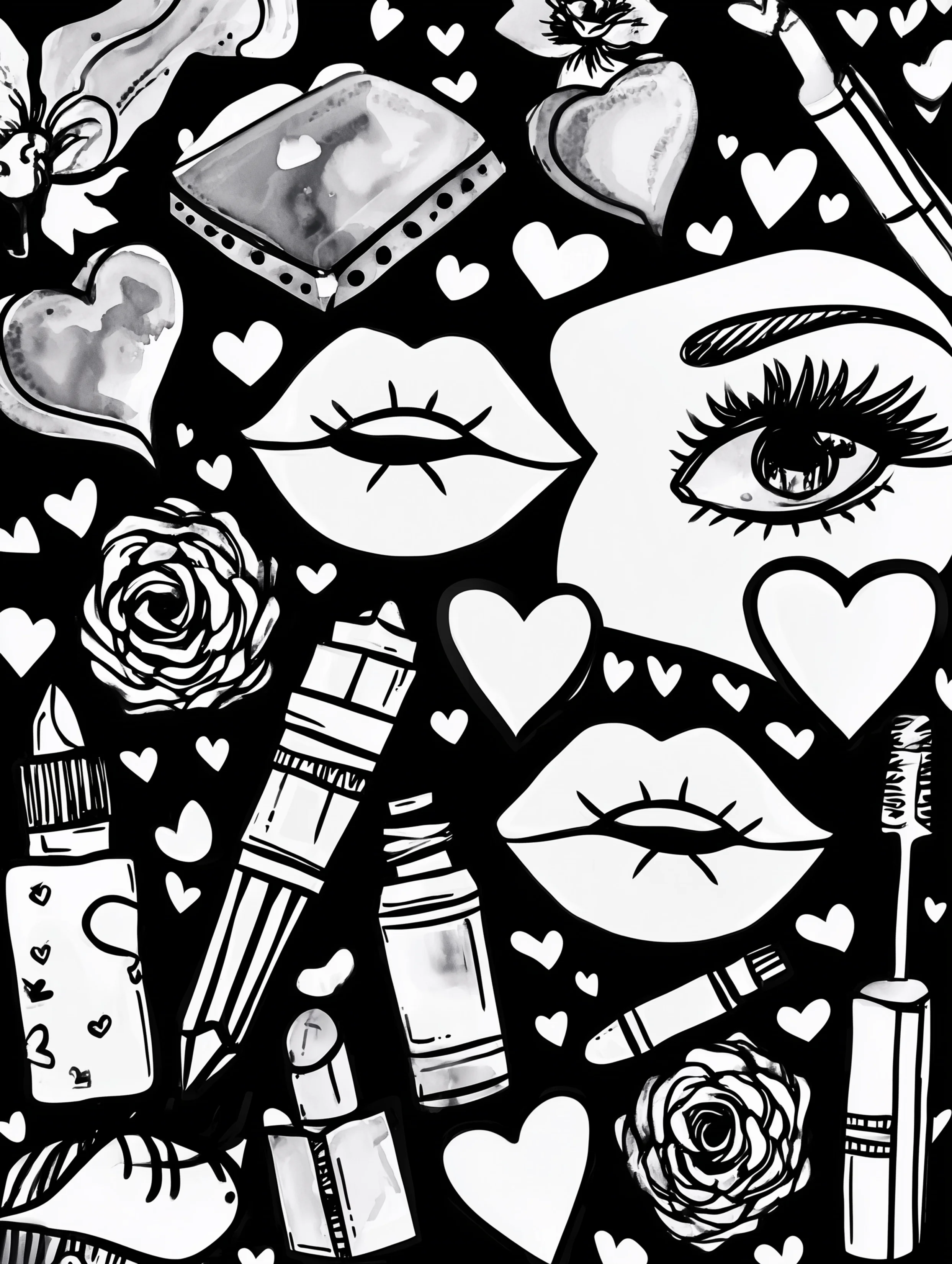 Free printable makeup coloring page for adults featuring a rose, lipstick, and mascara